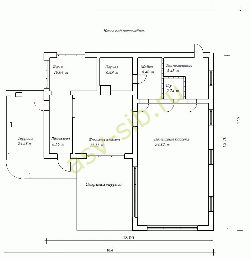 Планировка бани из газобетона с бассейном и навесом для автомобиля.