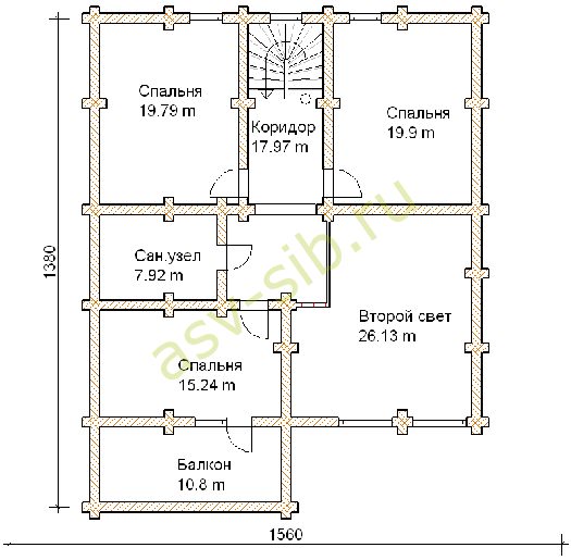 Большой дом из бревна по проекту ОБ-313: планировка 2-го этажа