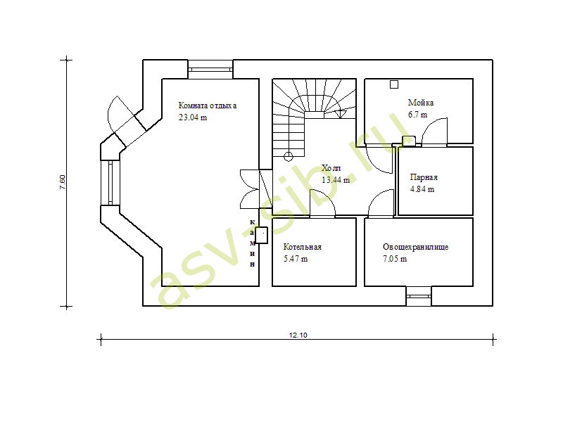План цокольного этажа дома из кирпича с цоколем и сауной по проекту К-169a
